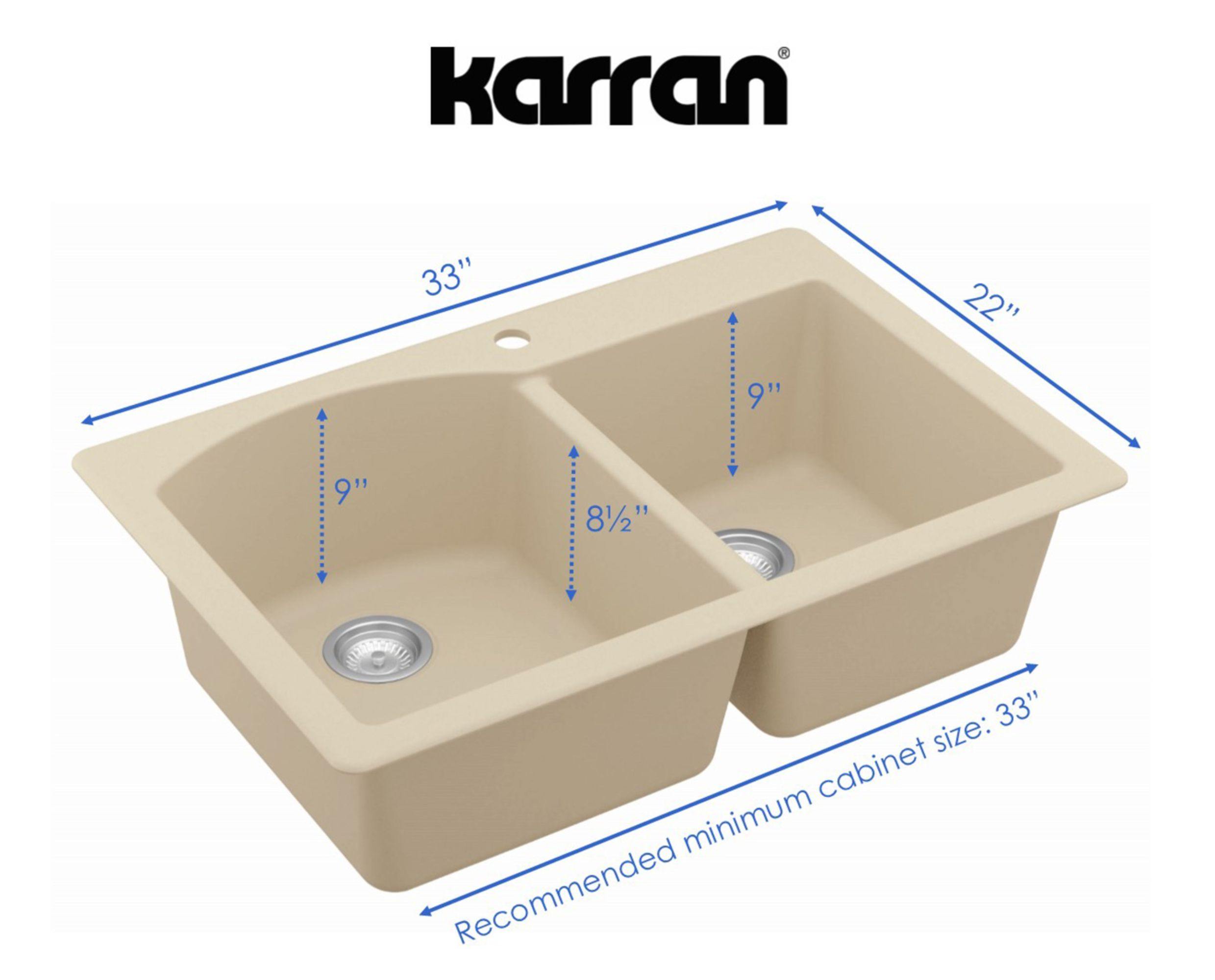 Karran 33" Drop In/Topmount Quartz Composite Kitchen Sink, 60/40 Double Bowl, Bisque, QT-610-BI-PK1