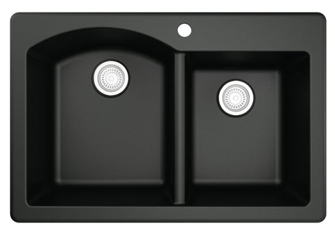 Karran 33" Drop In/Topmount Quarz Composite Kitchen Sink, 60/40 Double Bowl, Black, QT-610-BL