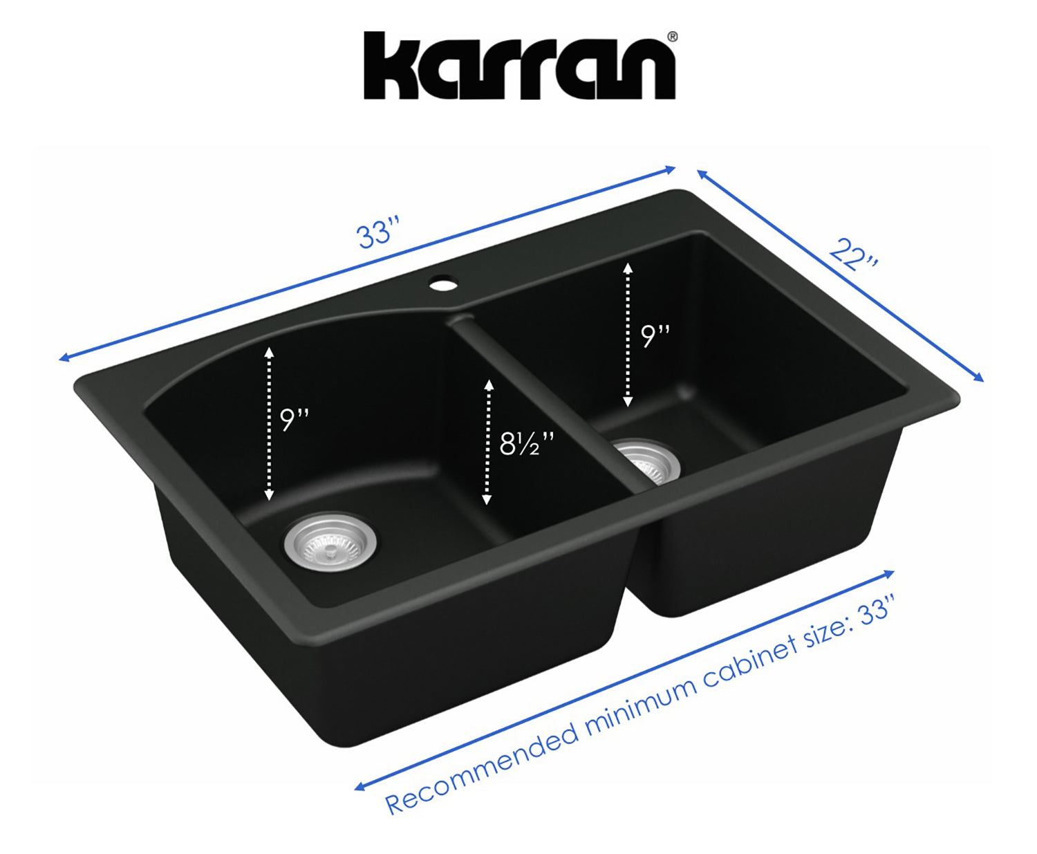 Karran 33" Drop In/Topmount Quartz Composite Kitchen Sink, 60/40 Double Bowl, Black, QT-610-BL