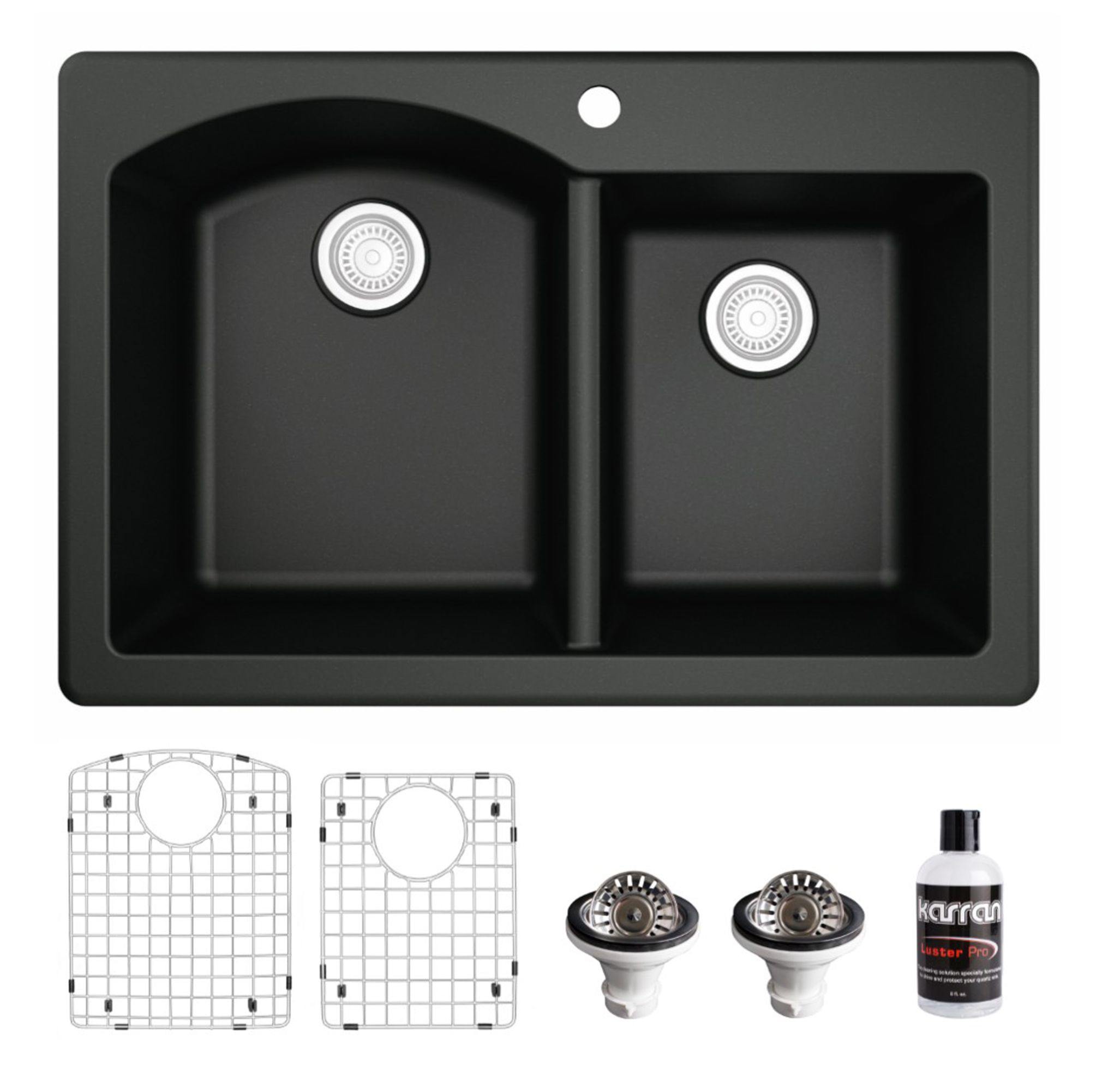 Karran 33" Drop In/Topmount Quartz Composite Kitchen Sink, 60/40 Double Bowl, Black, QT-610-BL-PK1