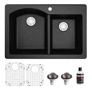 Alternate Image for Karran 33" Drop In/Topmount Quartz Composite Kitchen Sink, 60/40 Double Bowl, Black, QT-610-BL-PK1