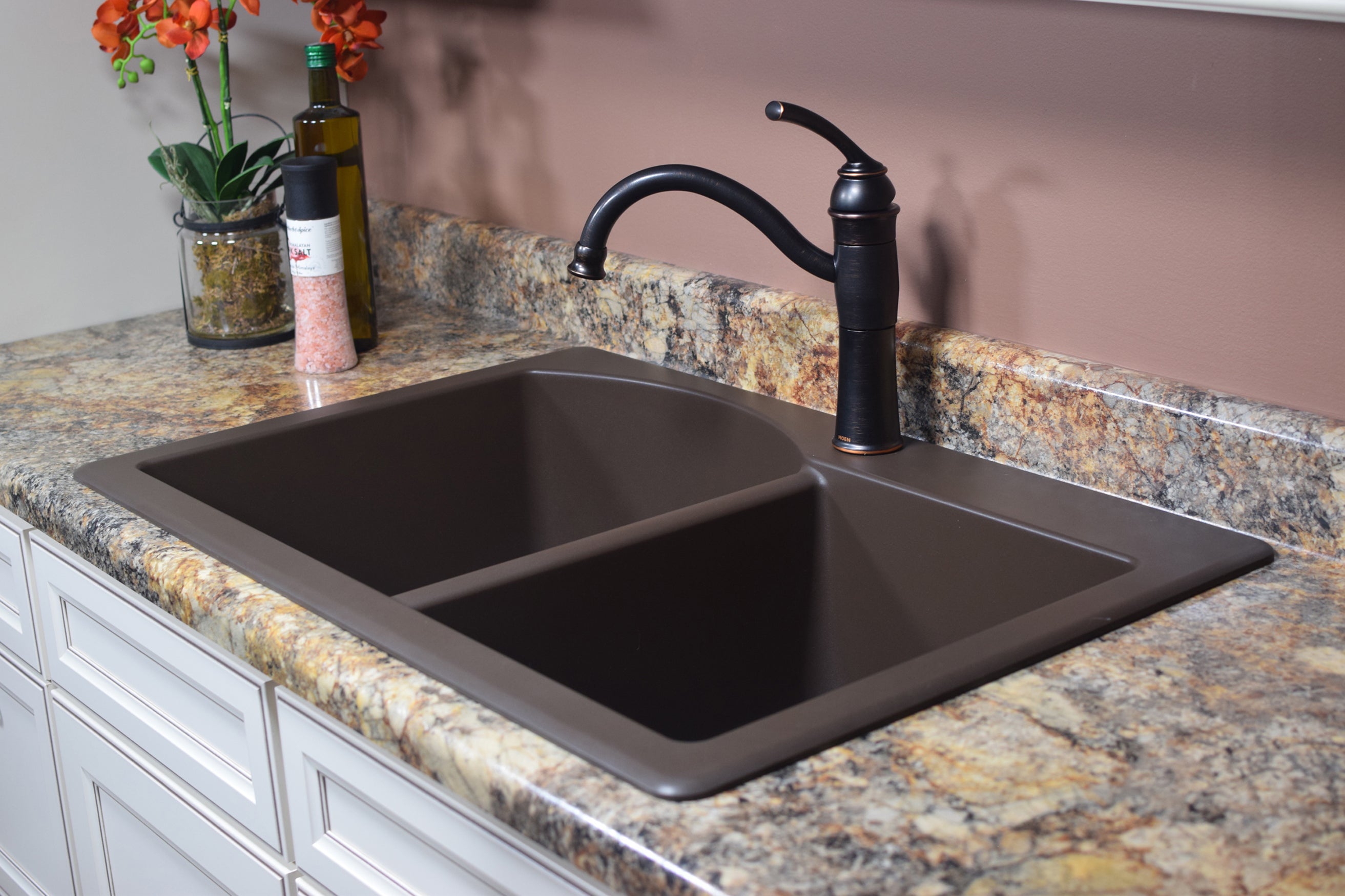 Karran 33" Drop In/Topmount Quartz Composite Kitchen Sink, 60/40 Double Bowl, Brown, QT-610-BR