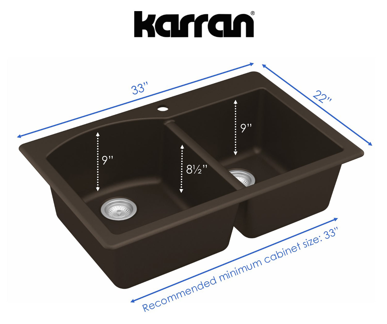 Karran 33" Drop In/Topmount Quartz Composite Kitchen Sink, 60/40 Double Bowl, Brown, QT-610-BR