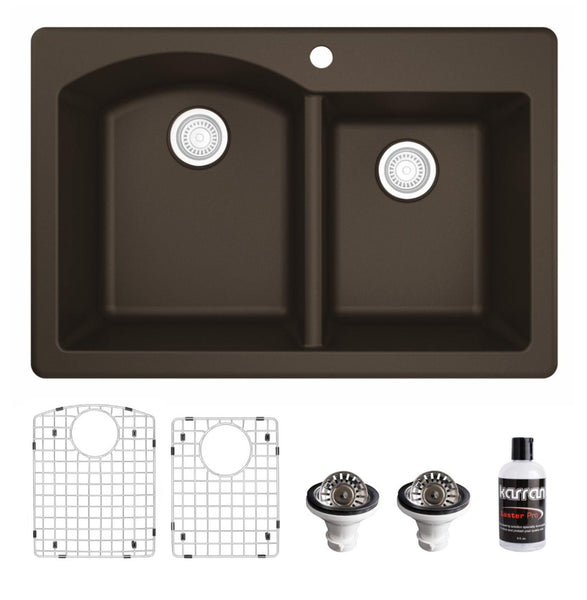 Karran 33" Drop In/Topmount Quartz Composite Kitchen Sink, 60/40 Double Bowl, Brown, QT-610-BR-PK1