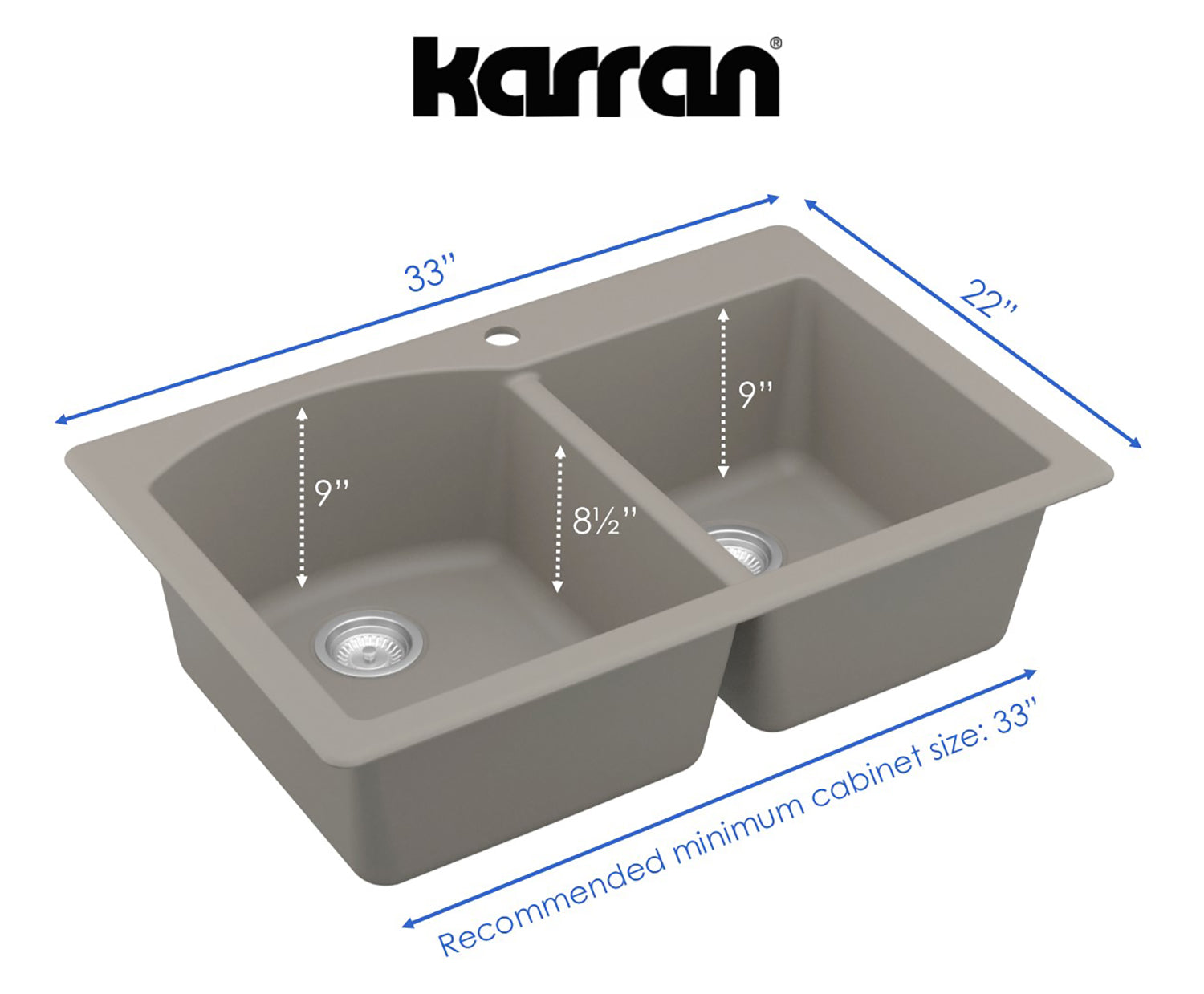 Karran 33" Drop In/Topmount Quartz Composite Kitchen Sink, 60/40 Double Bowl, Concrete, QT-610-CN