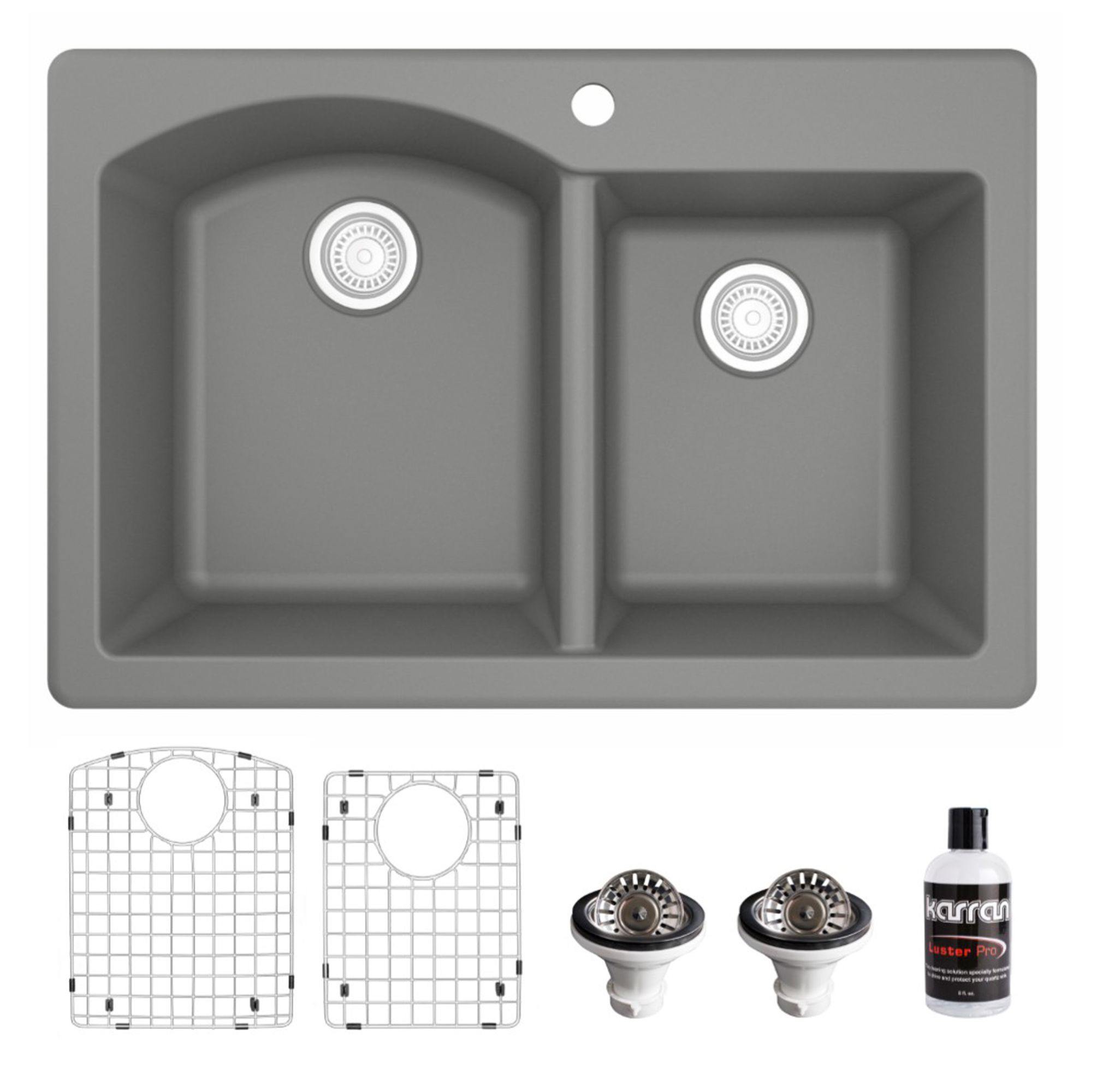 Karran 33" Drop In/Topmount Quartz Composite Kitchen Sink, 60/40 Double Bowl, Grey, QT-610-GR-PK1