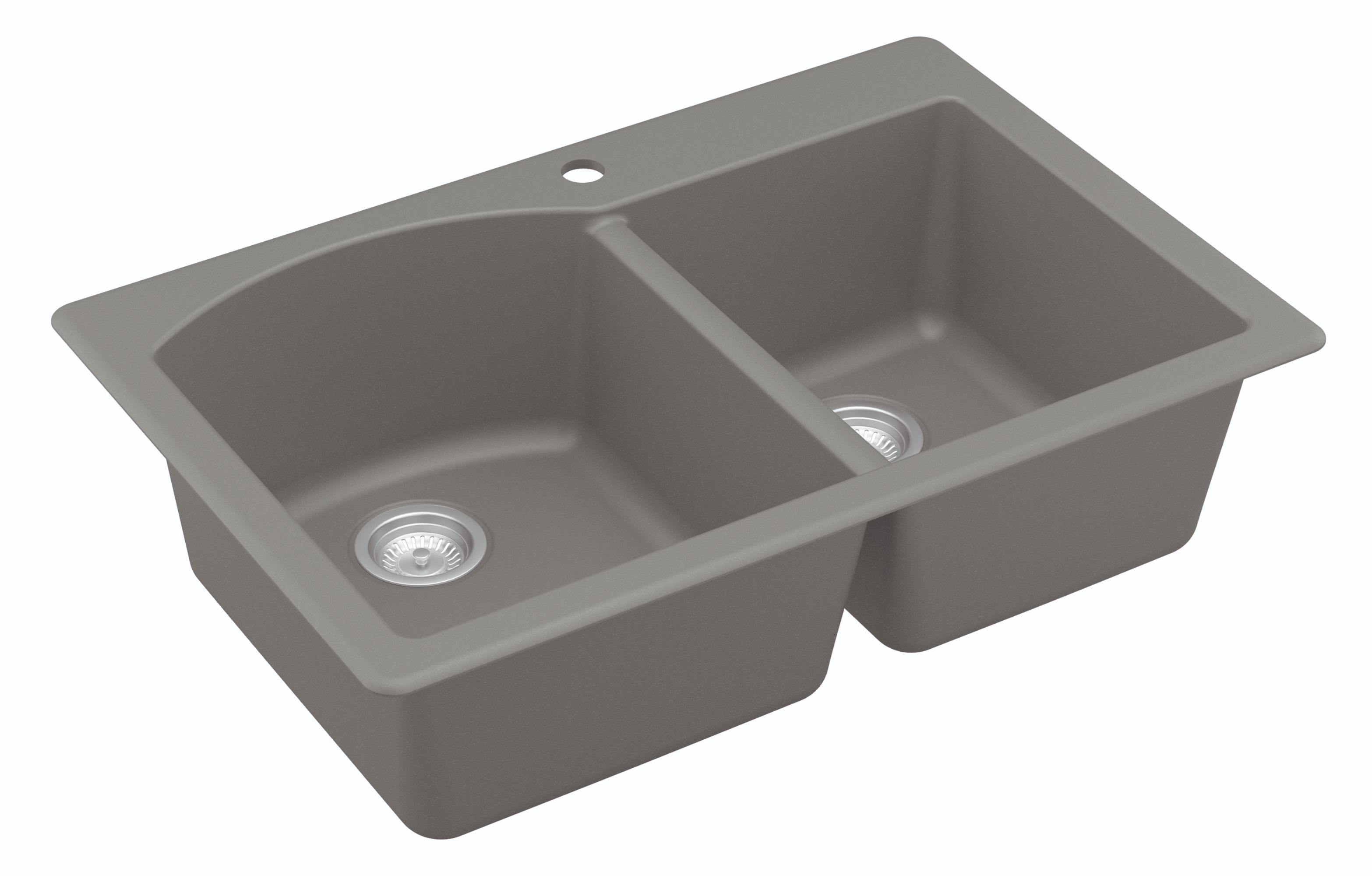 Karran 33" Drop In/Topmount Quartz Composite Kitchen Sink, 60/40 Double Bowl, Grey, QT-610-GR-PK1
