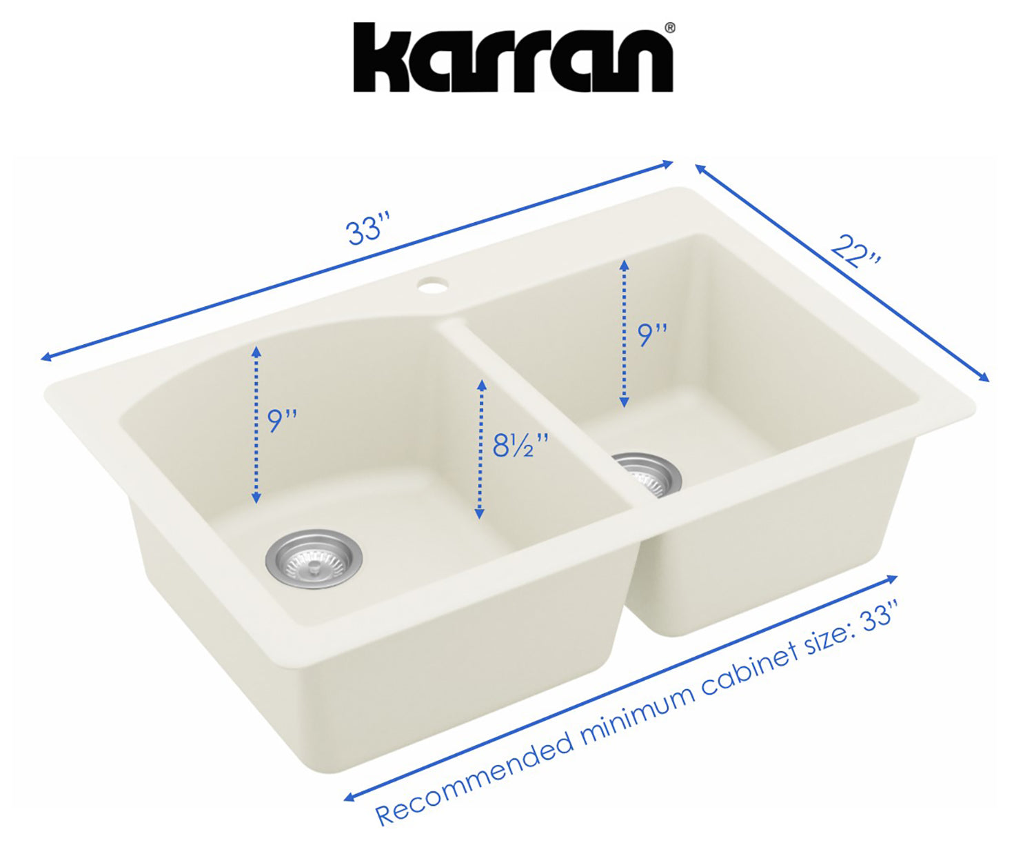 Karran 33" Drop In/Topmount Quartz Composite Kitchen Sink, 60/40 Double Bowl, White, QT-610-WH