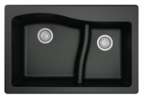 Karran 33" Drop In/Topmount Quarz Composite Kitchen Sink, 60/40 Double Bowl, Black, QT-630-BL