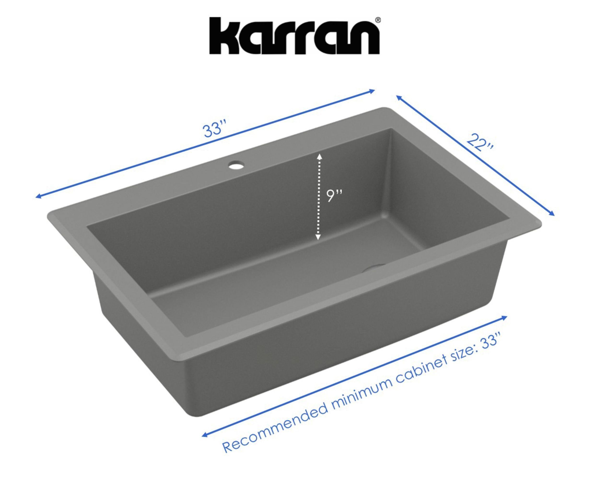 Karran 33" Drop In/Topmount Quartz Composite Kitchen Sink, Grey, QT-670-GR-PK1