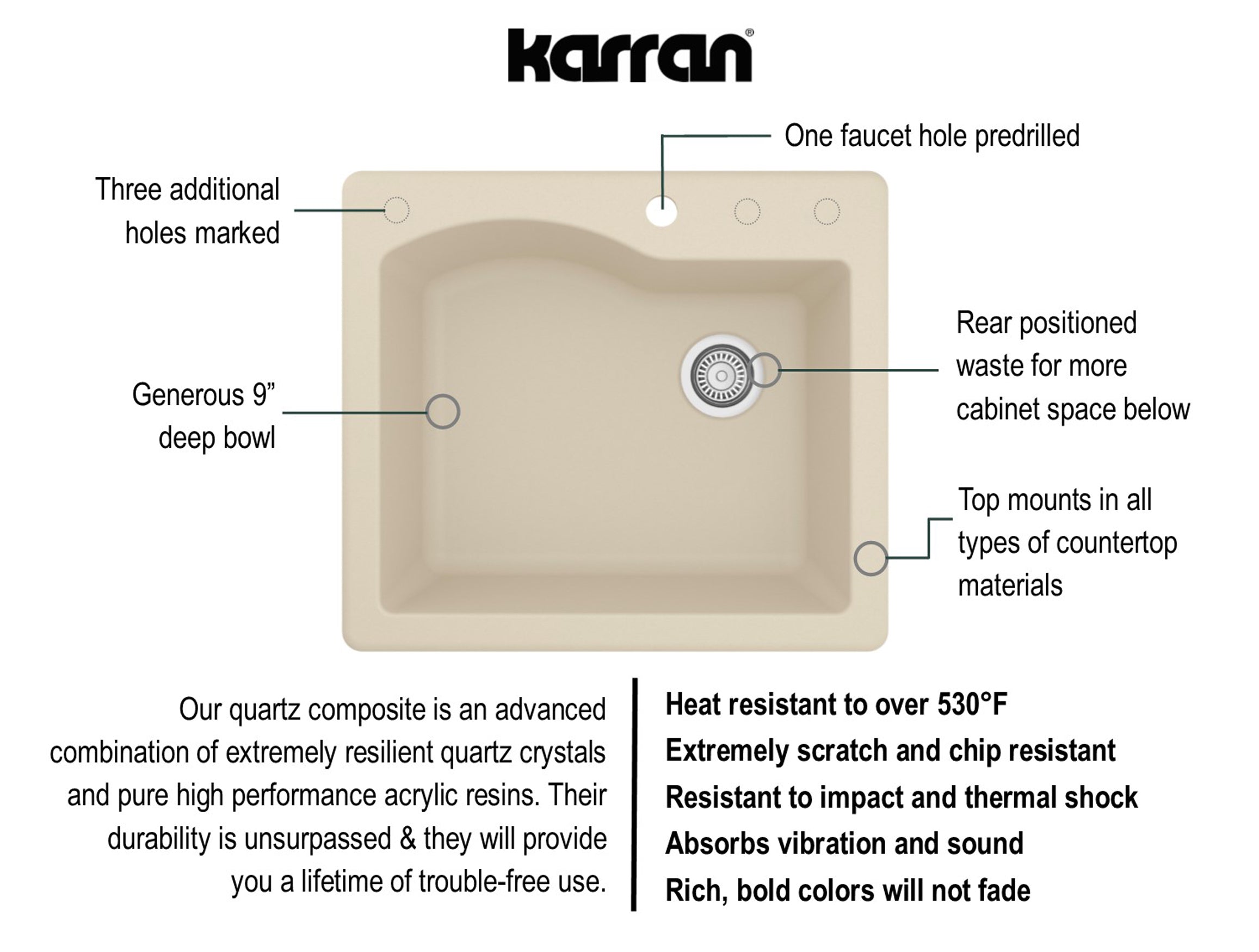 Karran 25" Drop In/Topmount Quartz Composite Kitchen Sink, Bisque, QT-671-BI