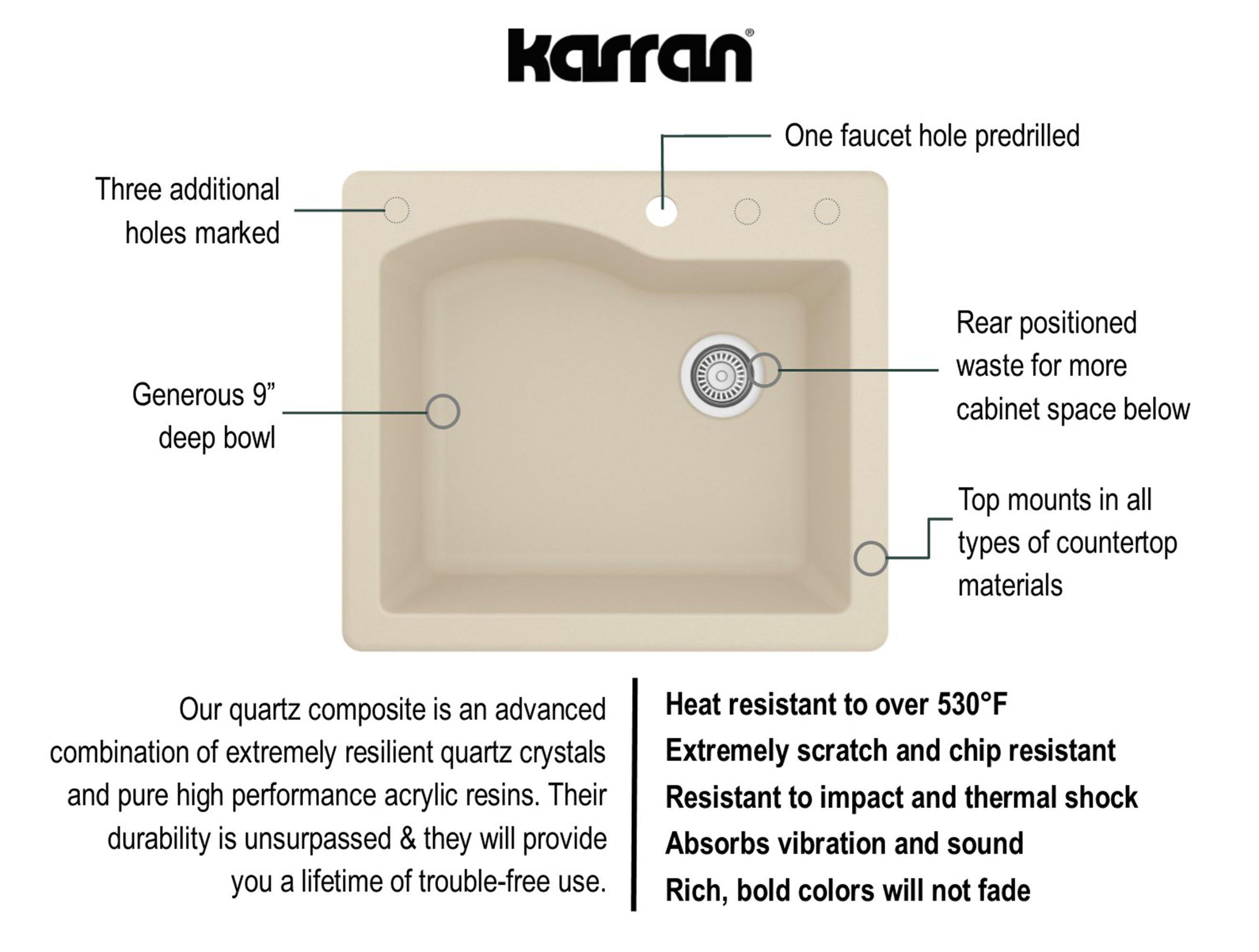 Karran 25" Drop In/Topmount Quartz Composite Kitchen Sink, Bisque, QT-671-BI-PK1