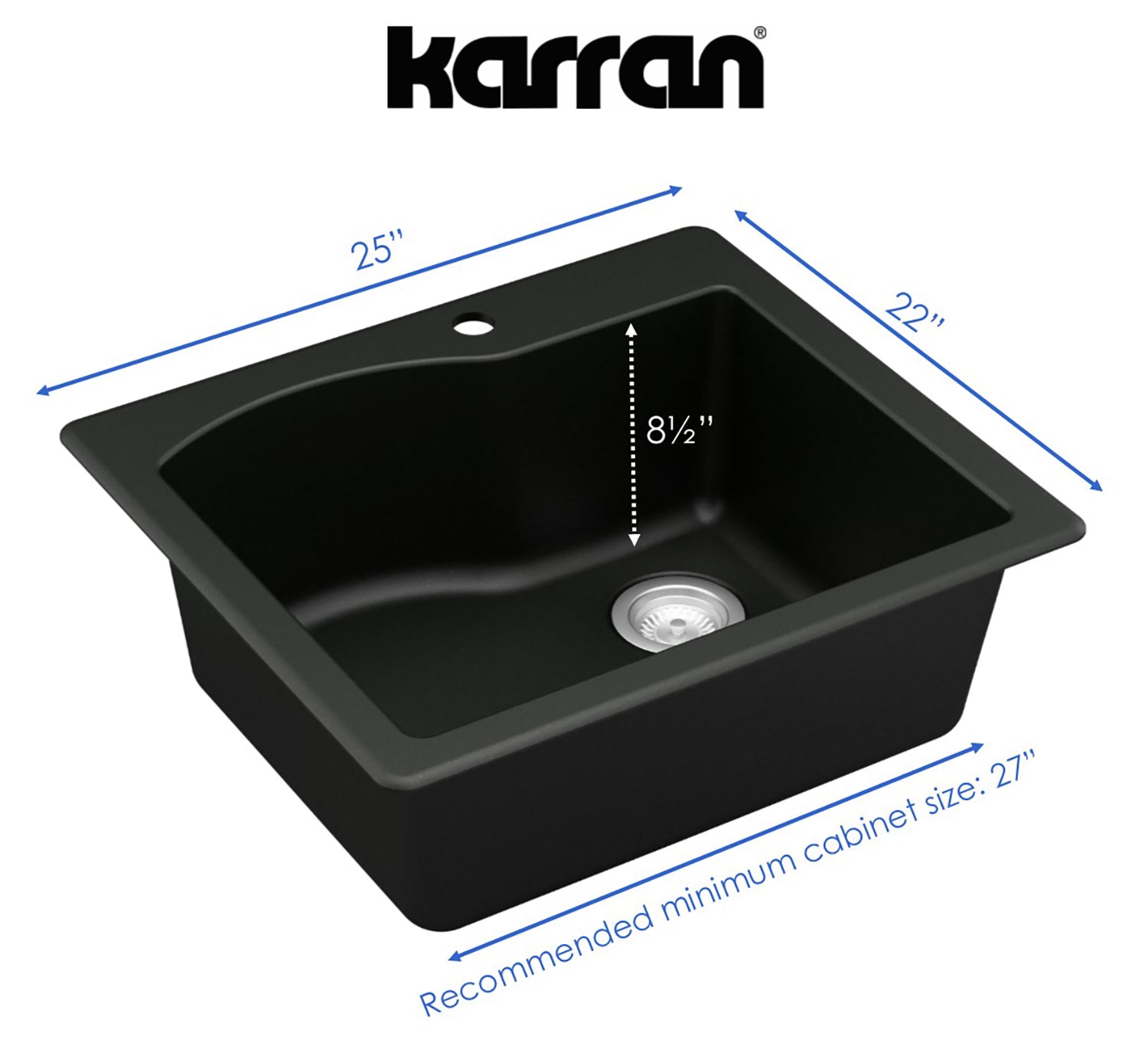 Karran 25" Drop In/Topmount Quartz Composite Kitchen Sink, Black, QT-671-BL