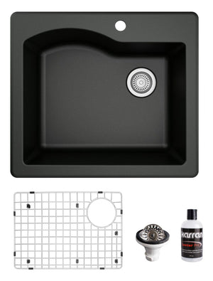 Alternate Image for Karran 25" Drop In/Topmount Quartz Composite Kitchen Sink, Black, QT-671-BL-PK1
