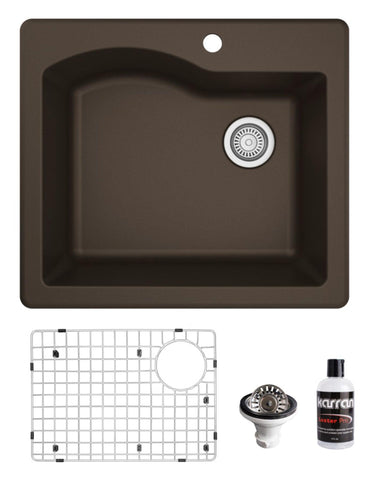Karran 25" Drop In/Topmount Quartz Composite Kitchen Sink, Brown, QT-671-BR-PK1