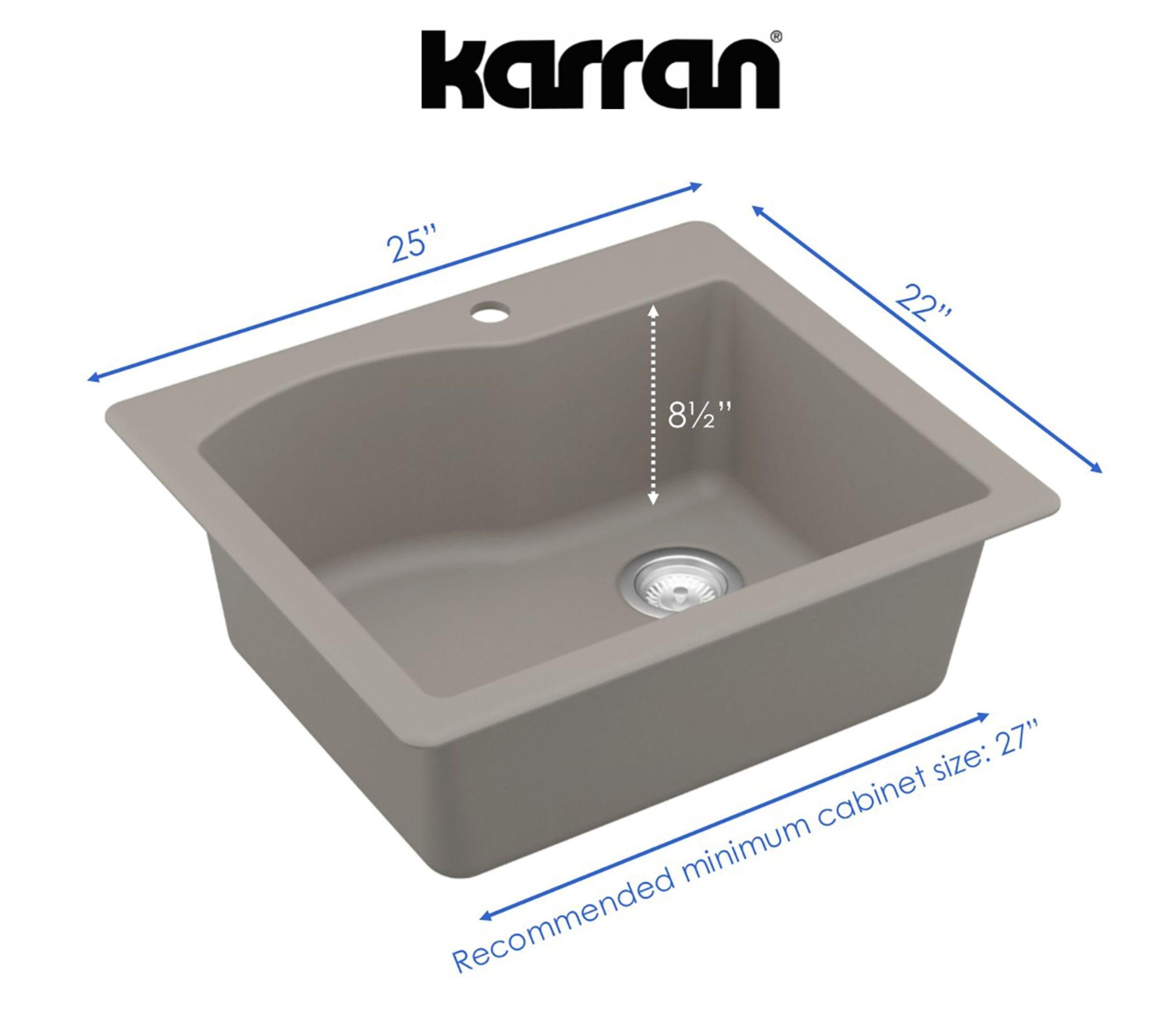 Karran 25" Drop In/Topmount Quartz Composite Kitchen Sink, Concrete, QT-671-CN-PK1