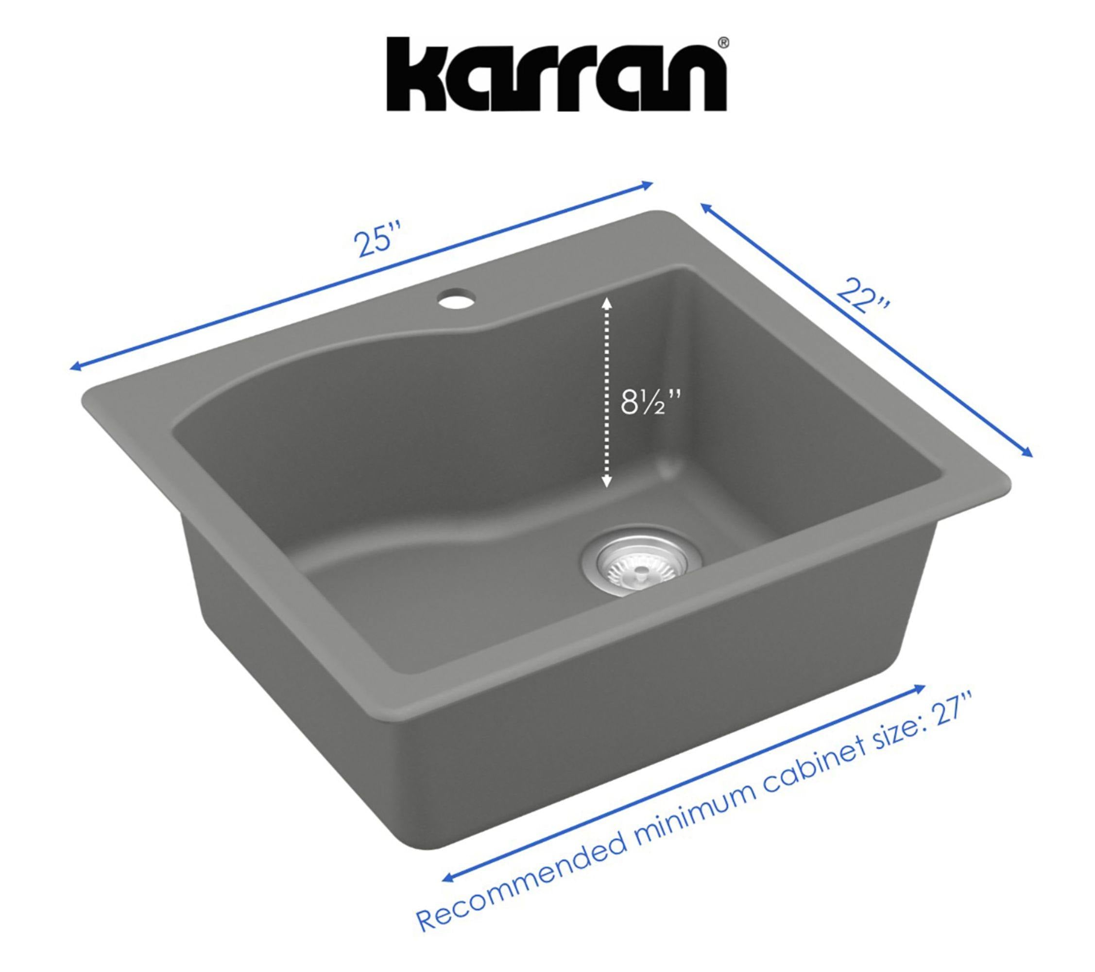Karran 25" Drop In/Topmount Quartz Composite Kitchen Sink, Grey, QT-671-GR-PK1