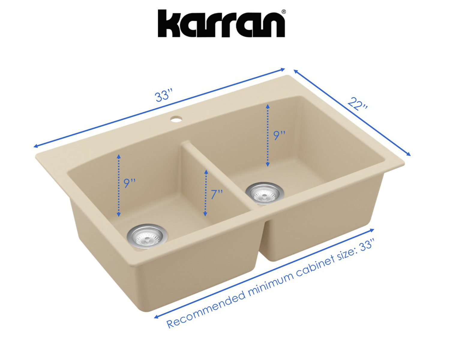 Karran 33" Drop In/Topmount Quartz Composite Kitchen Sink, 50/50 Double Bowl, Bisque, QT-710-BI