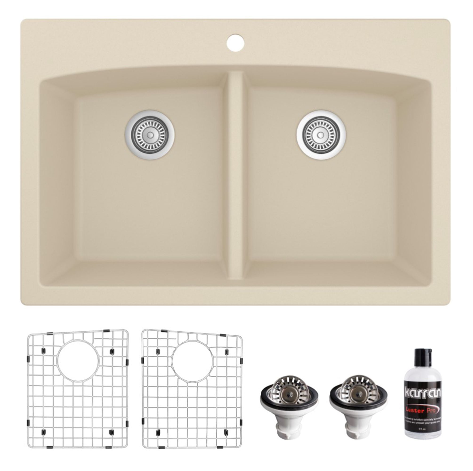 Karran 33" Drop In/Topmount Quartz Composite Kitchen Sink, 50/50 Double Bowl, Bisque, QT-710-BI-PK1