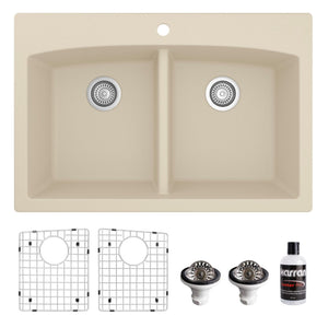 Alternate Image for Karran 33" Drop In/Topmount Quartz Composite Kitchen Sink, 50/50 Double Bowl, Bisque, QT-710-BI-PK1