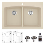 Karran 33" Drop In/Topmount Quartz Composite Kitchen Sink, 50/50 Double Bowl, Bisque, QT-710-BI-PK1