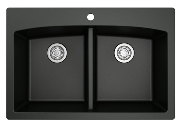 Karran 33" Drop In/Topmount Quartz Composite Kitchen Sink, 50/50 Double Bowl, Black, QT-710-BL
