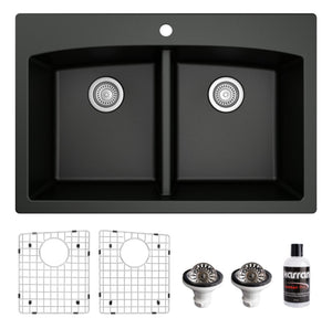 Alternate Image for Karran 33" Drop In/Topmount Quartz Composite Kitchen Sink, 50/50 Double Bowl, Black, QT-710-BL-PK1