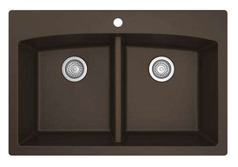 Karran 33" Drop In/Topmount Quarz Composite Kitchen Sink, 50/50 Double Bowl, Brown, QT-710-BR