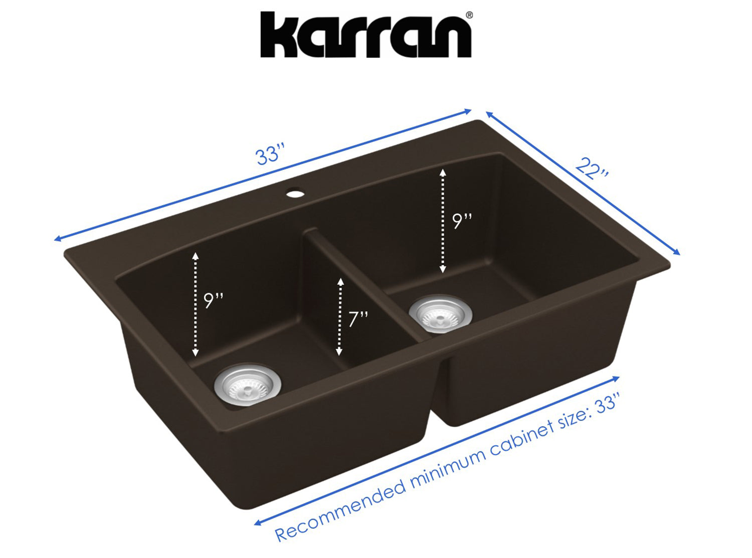 Karran 33" Drop In/Topmount Quartz Composite Kitchen Sink, 50/50 Double Bowl, Brown, QT-710-BR