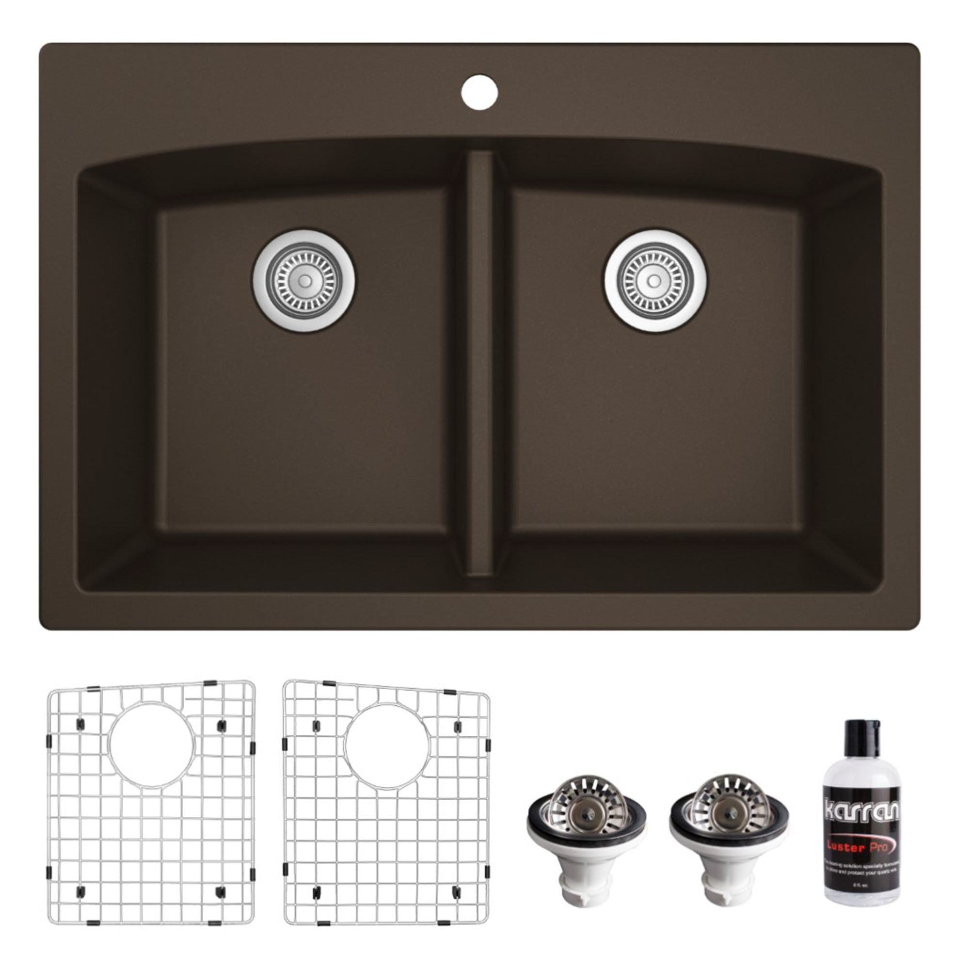 Karran 33" Drop In/Topmount Quartz Composite Kitchen Sink, 50/50 Double Bowl, Brown, QT-710-BR-PK1