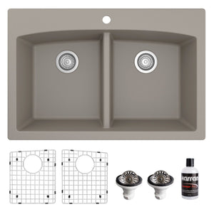 Alternate Image for Karran 33" Drop In/Topmount Quartz Composite Kitchen Sink, 50/50 Double Bowl, Concrete, QT-710-CN-PK1