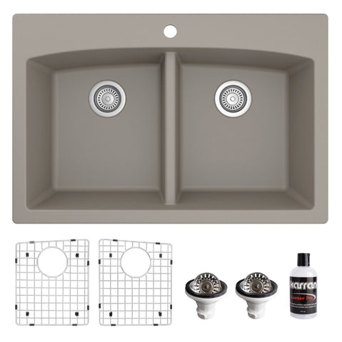 Karran 33" Drop In/Topmount Quartz Composite Kitchen Sink, 50/50 Double Bowl, Concrete, QT-710-CN-PK1