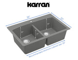 Karran 33" Drop In/Topmount Quartz Composite Kitchen Sink, 50/50 Double Bowl, Grey, QT-710-GR