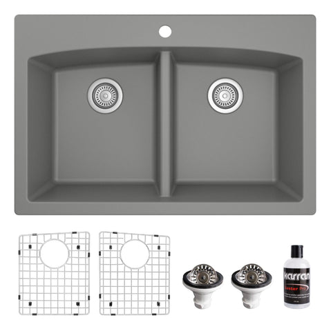 Karran 33" Drop In/Topmount Quartz Composite Kitchen Sink, 50/50 Double Bowl, Grey, QT-710-GR-PK1