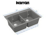 Karran 33" Drop In/Topmount Quartz Composite Kitchen Sink, 50/50 Double Bowl, Grey, QT-710-GR-PK1