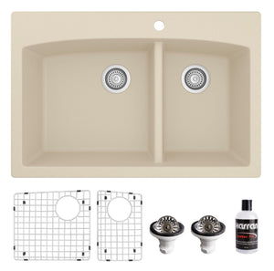 Alternate Image for Karran 33" Drop In/Topmount Quartz Composite Kitchen Sink, 60/40 Double Bowl, Bisque, QT-711-BI-PK1