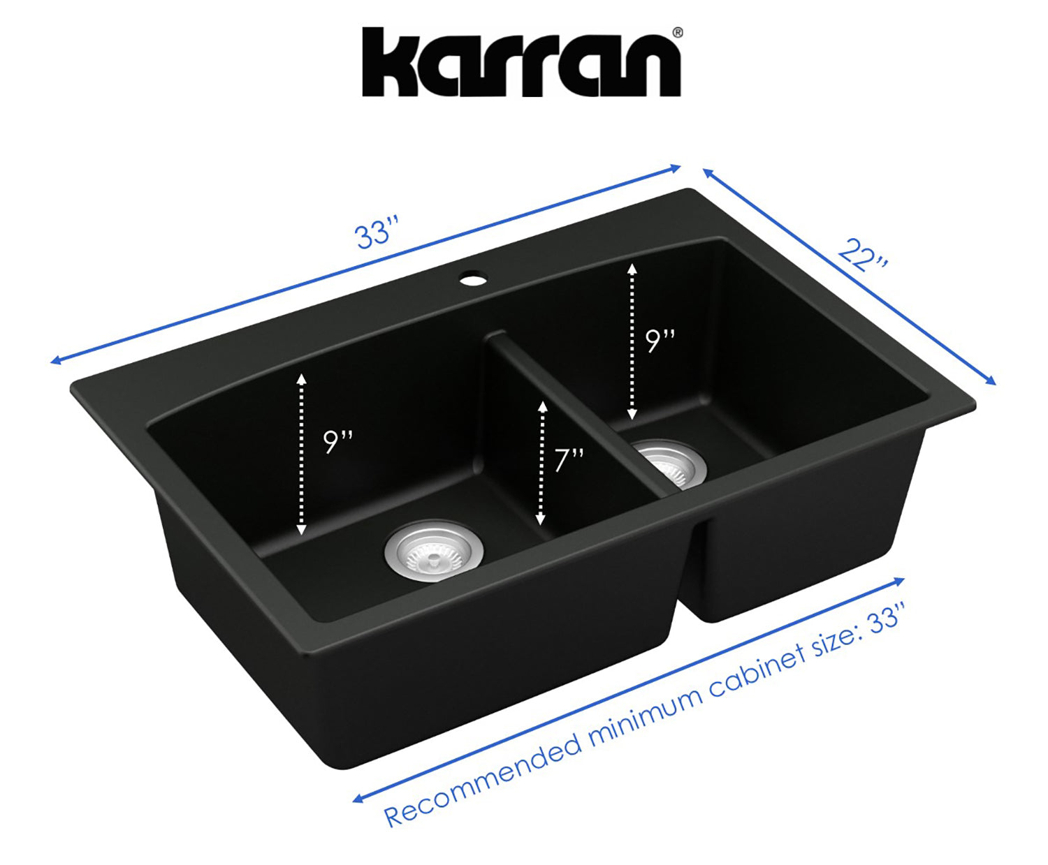 Karran 33" Drop In/Topmount Quartz Composite Kitchen Sink, 60/40 Double Bowl, Black, QT-711-BL