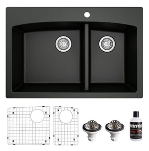 Alternate Image for Karran 33" Drop In/Topmount Quartz Composite Kitchen Sink, 60/40 Double Bowl, Black, QT-711-BL-PK1
