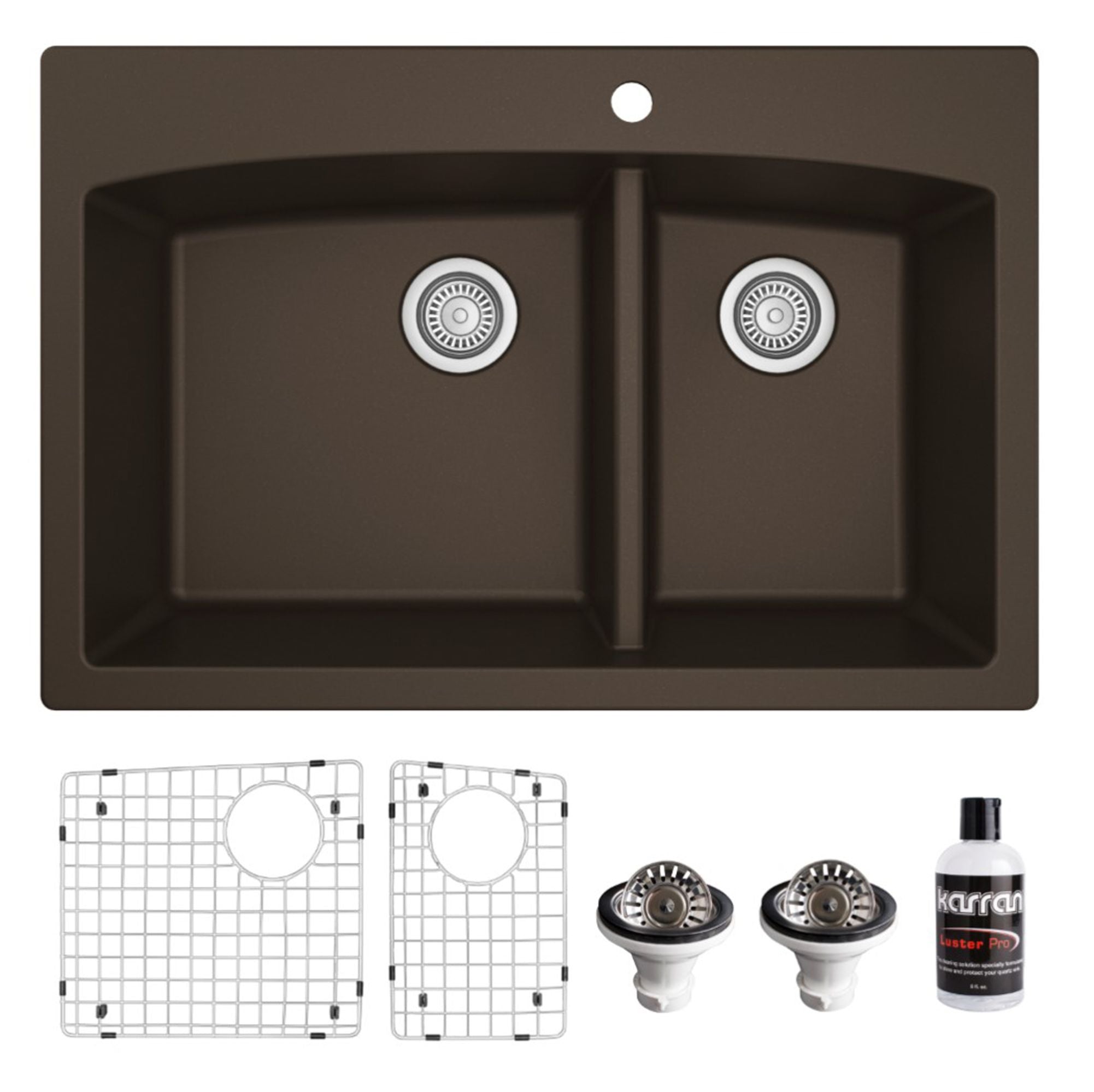 Karran 33" Drop In/Topmount Quartz Composite Kitchen Sink, 60/40 Double Bowl, Brown, QT-711-BR-PK1