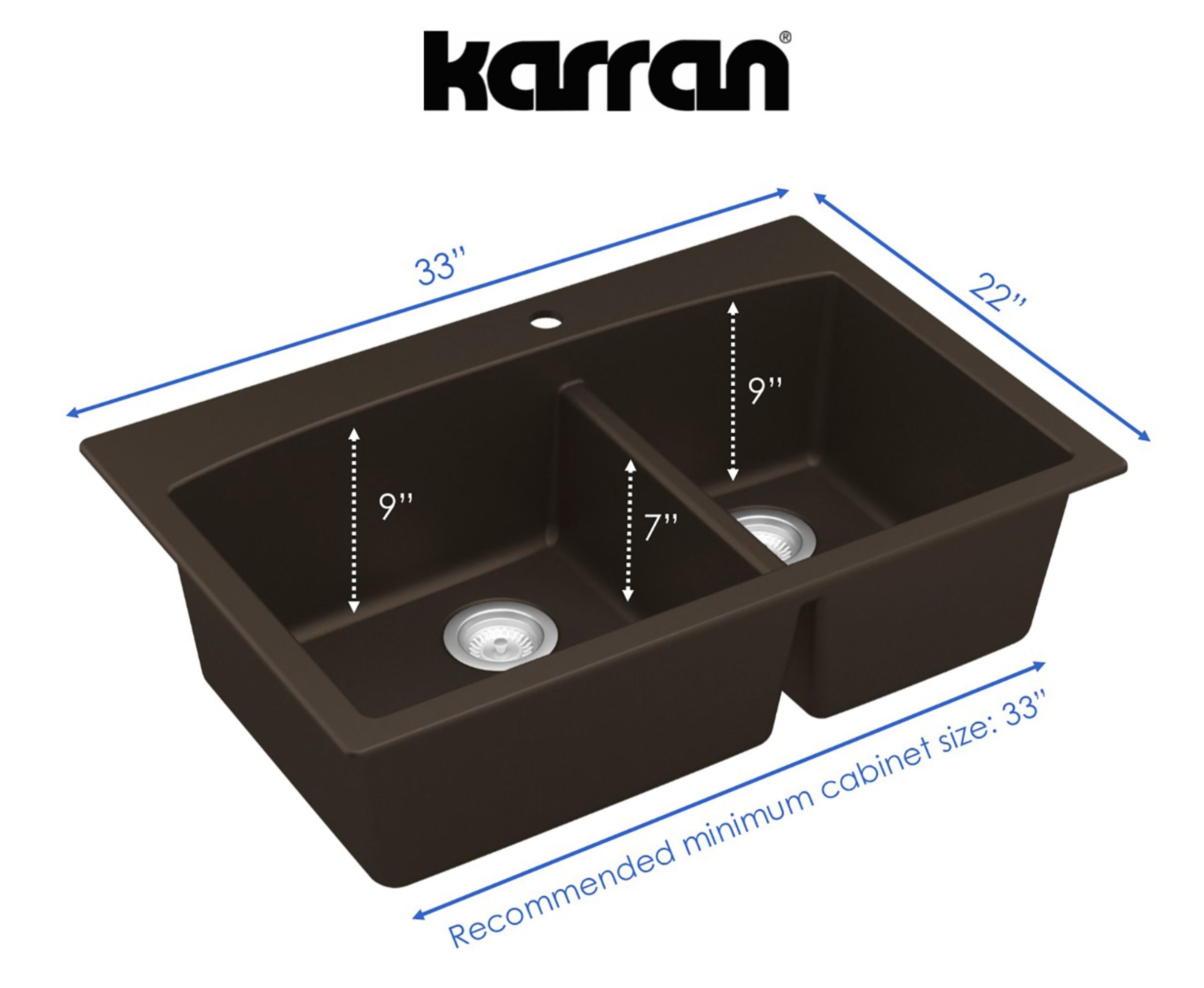 Karran 33" Drop In/Topmount Quartz Composite Kitchen Sink, 60/40 Double Bowl, Brown, QT-711-BR-PK1