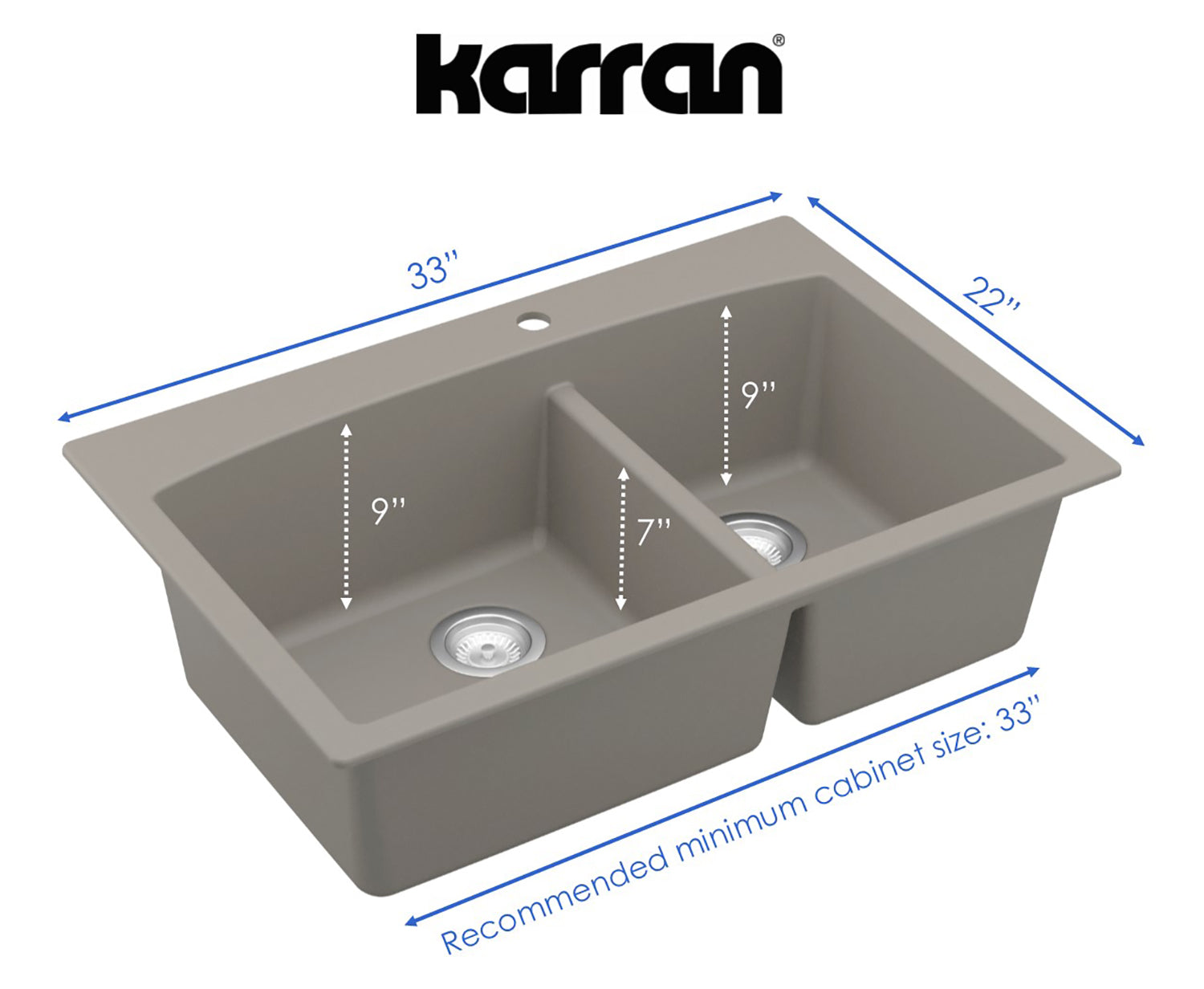 Karran 33" Drop In/Topmount Quartz Composite Kitchen Sink, 60/40 Double Bowl, Concrete, QT-711-CN