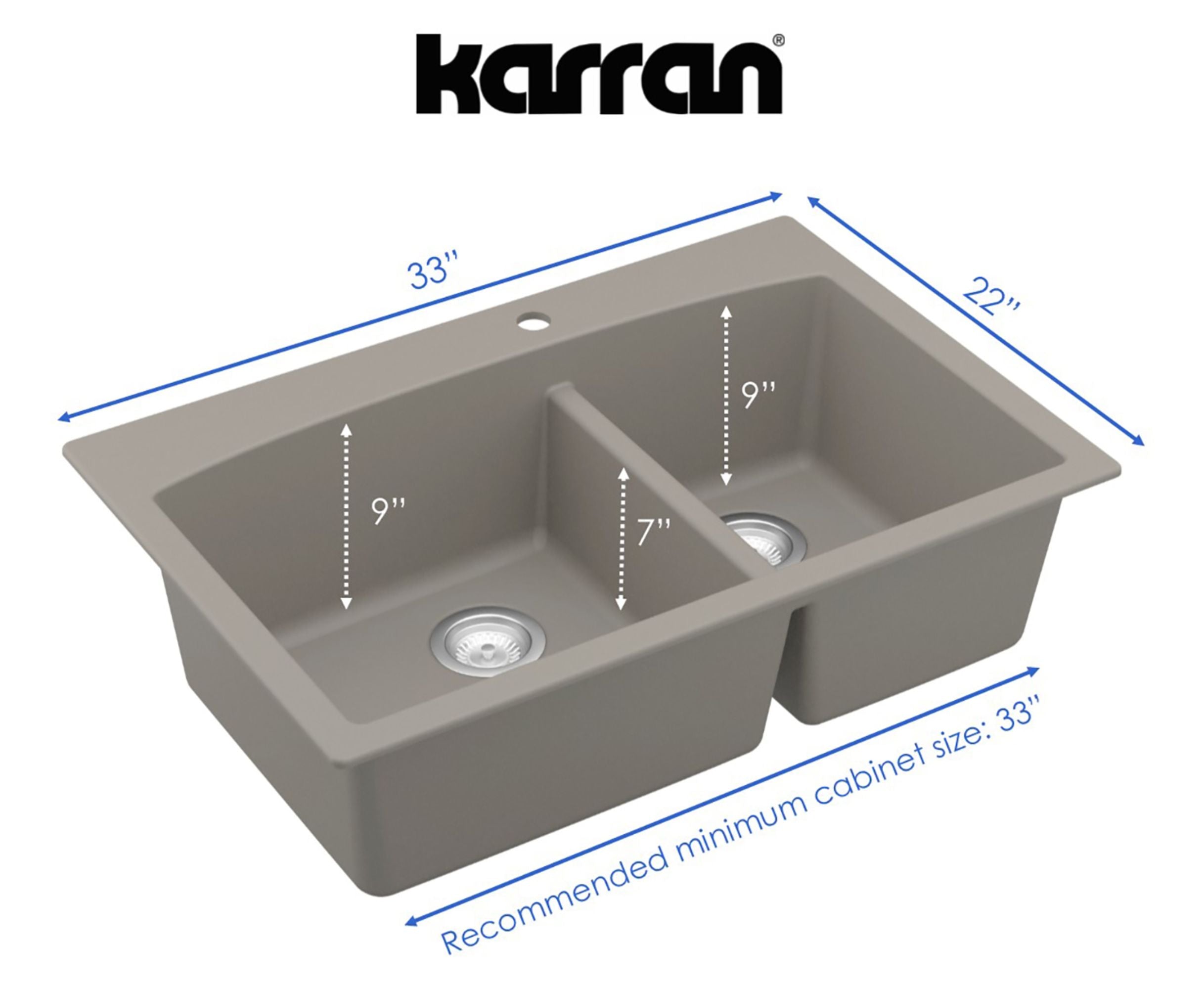 Karran 33" Drop In/Topmount Quartz Composite Kitchen Sink, 60/40 Double Bowl, Concrete, QT-711-CN-PK1