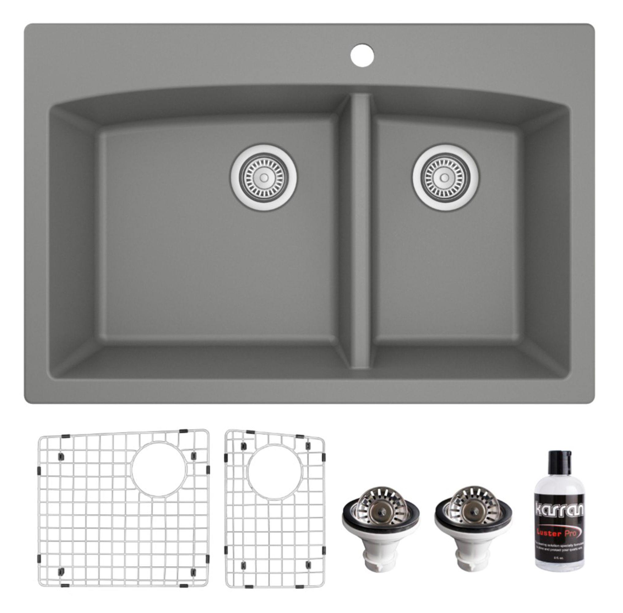 Karran 33" Drop In/Topmount Quartz Composite Kitchen Sink, 60/40 Double Bowl, Grey, QT-711-GR-PK1