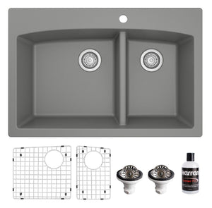 Alternate Image for Karran 33" Drop In/Topmount Quartz Composite Kitchen Sink, 60/40 Double Bowl, Grey, QT-711-GR-PK1