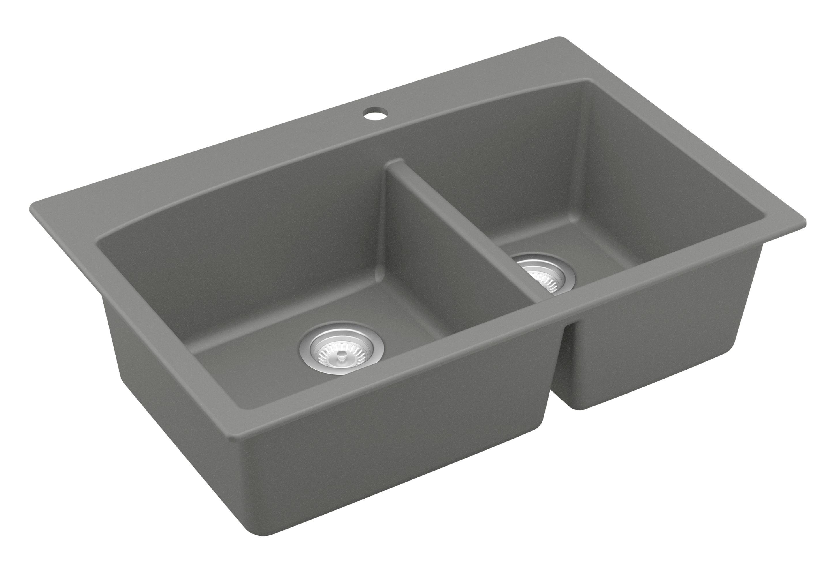 Karran 33" Drop In/Topmount Quartz Composite Kitchen Sink, 60/40 Double Bowl, Grey, QT-711-GR-PK1
