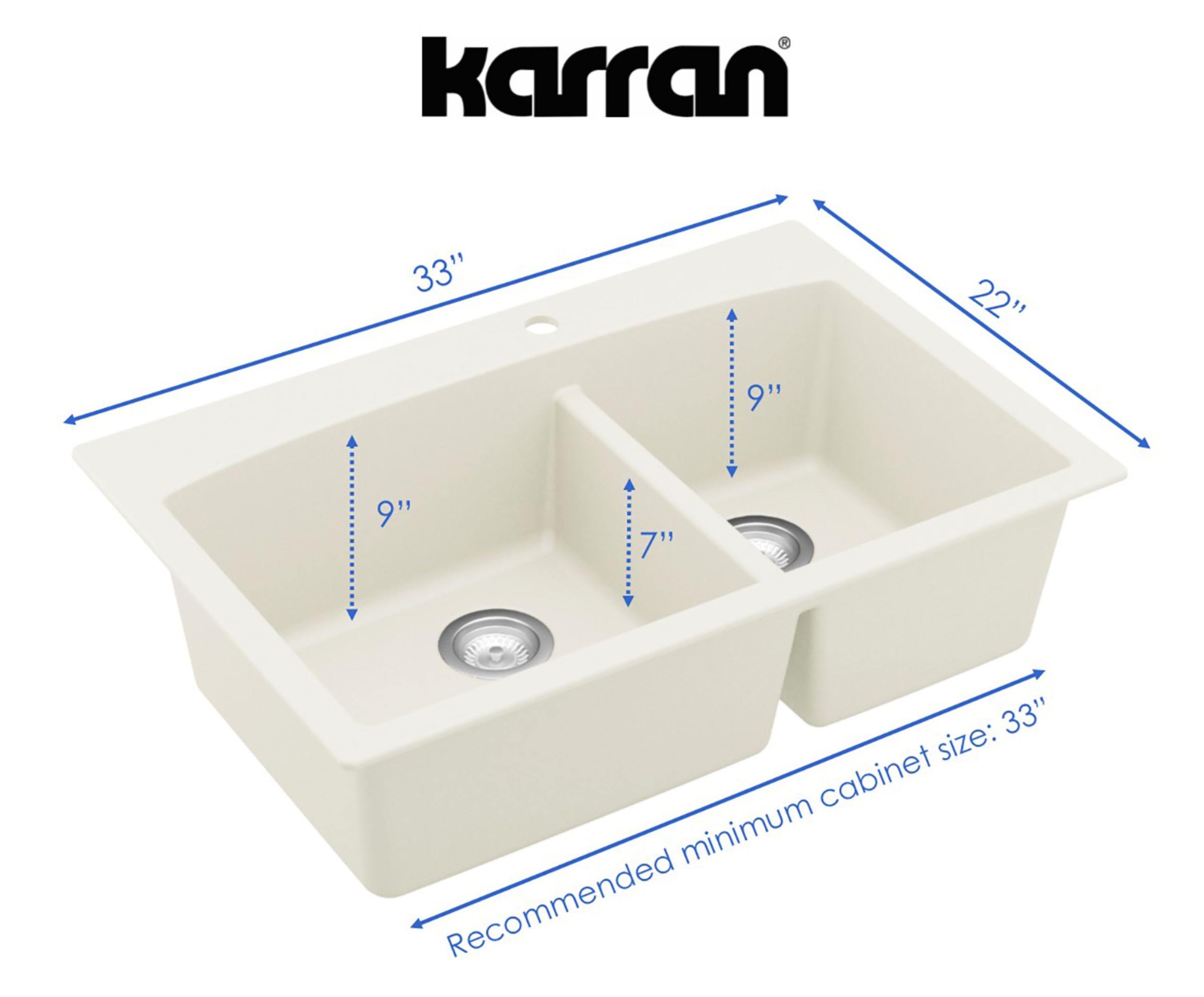 Karran 33" Drop In/Topmount Quartz Composite Kitchen Sink, 60/40 Double Bowl, White, QT-711-WH-PK1