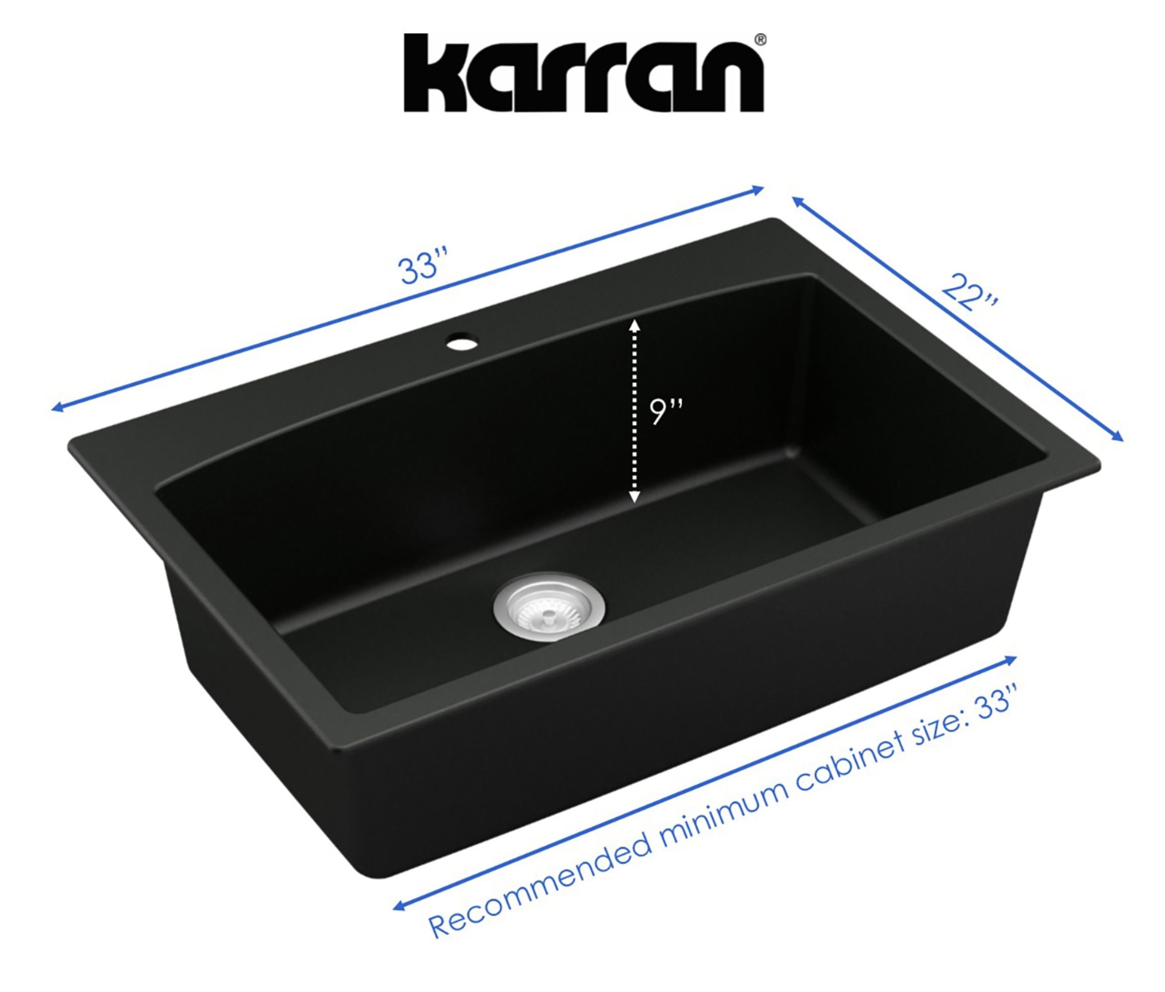 Karran 33" Drop In/Topmount Quartz Composite Kitchen Sink, Black, QT-712-BL-PK1