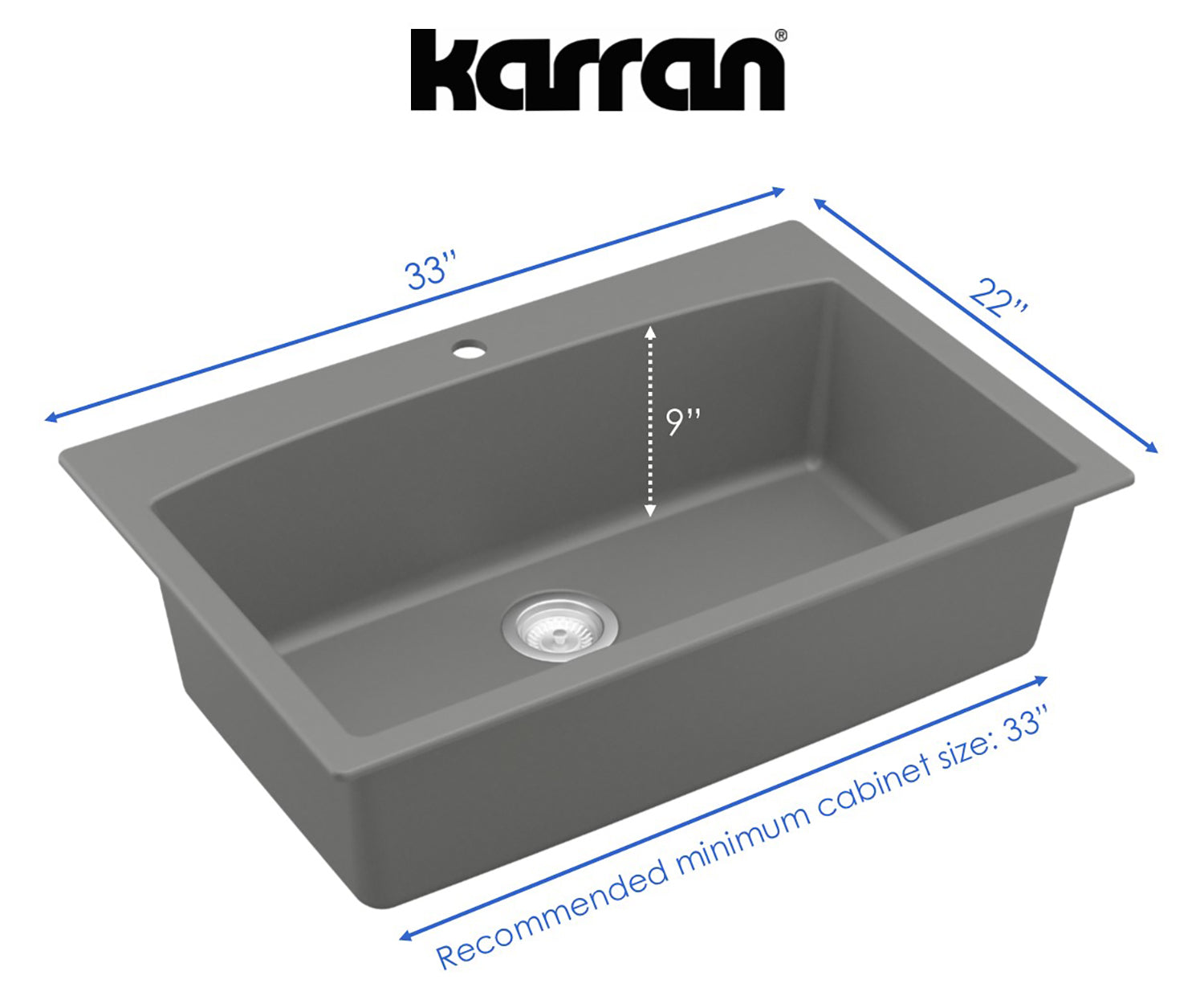Karran 33" Drop In/Topmount Quartz Composite Kitchen Sink, Grey, QT-712-GR