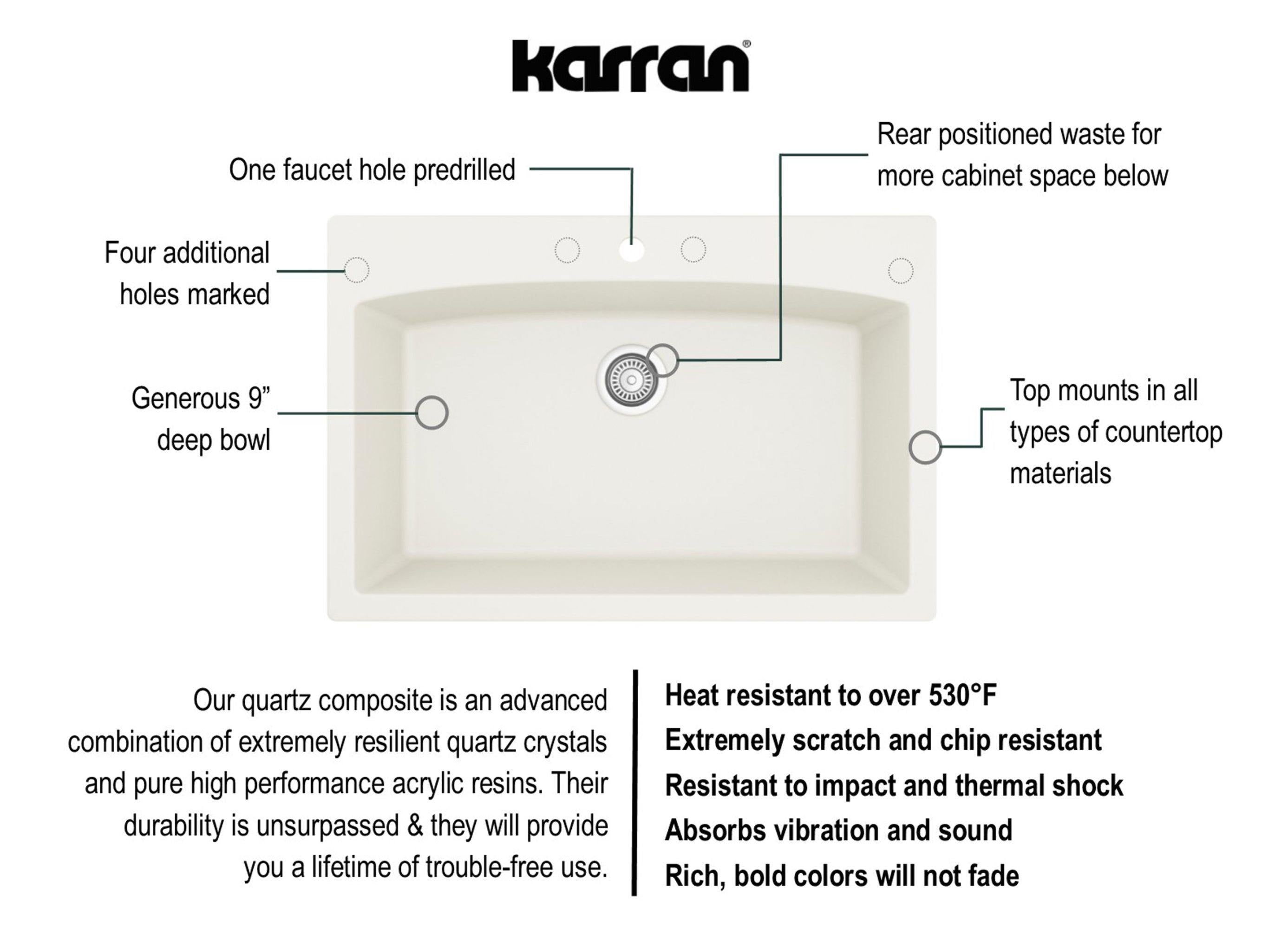 Karran 33" Drop In/Topmount Quartz Composite Kitchen Sink, White, QT-712-WH-PK1