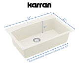 Karran 33" Drop In/Topmount Quartz Composite Kitchen Sink, White, QT-712-WH-PK1